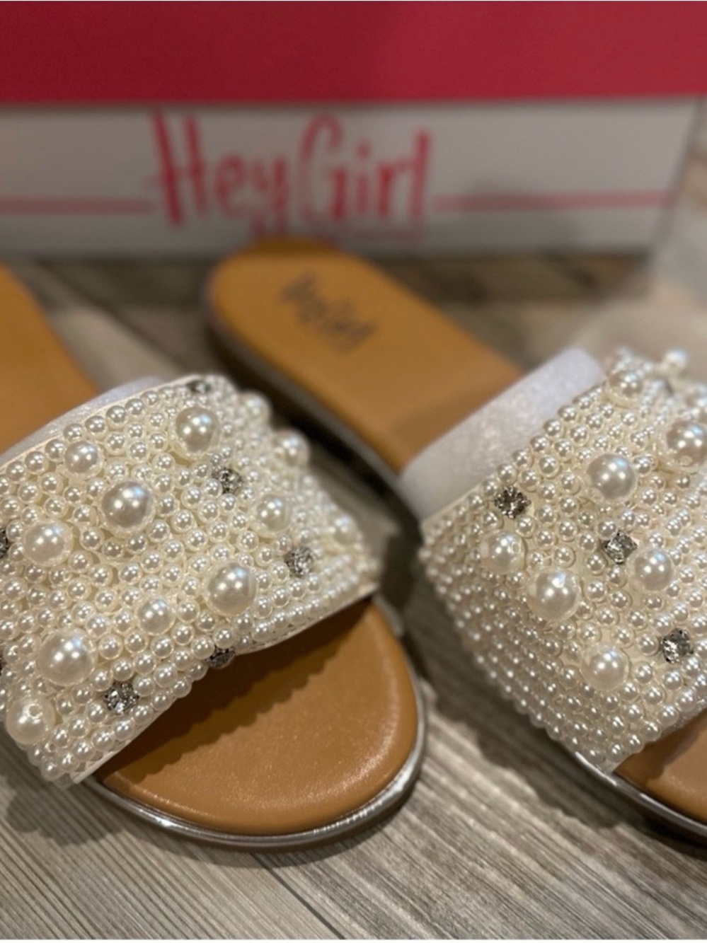 Hey Girl Pearl Embellished White Slide Sandals